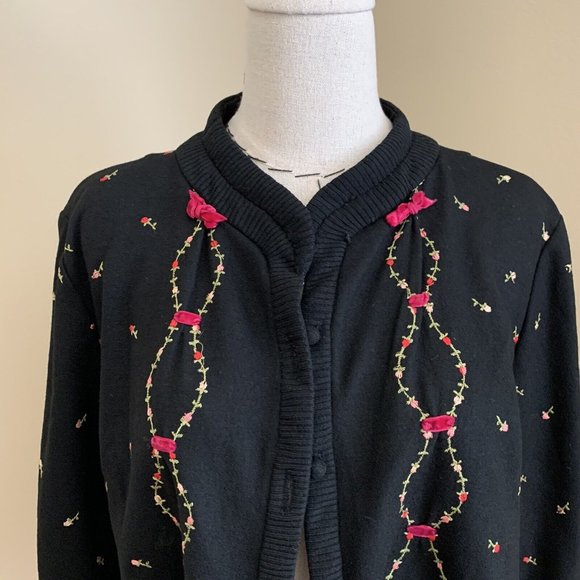 Vintage 50s Rosebud Pink Ribbon Embroidered Cardigan Jacket Rockabilly Pinup - Picture 3 of 12
